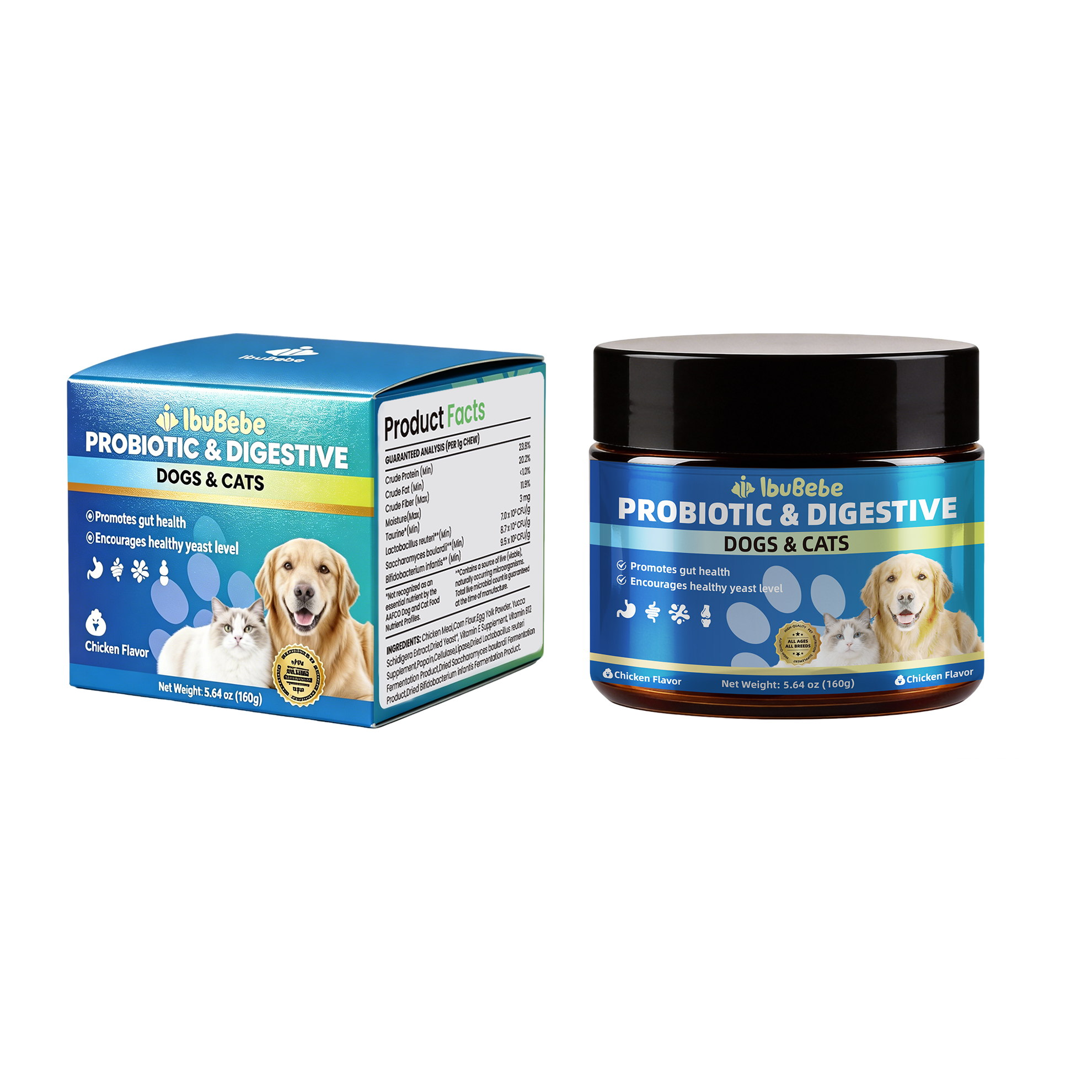 Probiotics for Dogs & Cats Soft Chews | Gut Health, Digestive Support & Healthy Yeast Balance Supplement, Chicken Flavor, 160g prebiotics