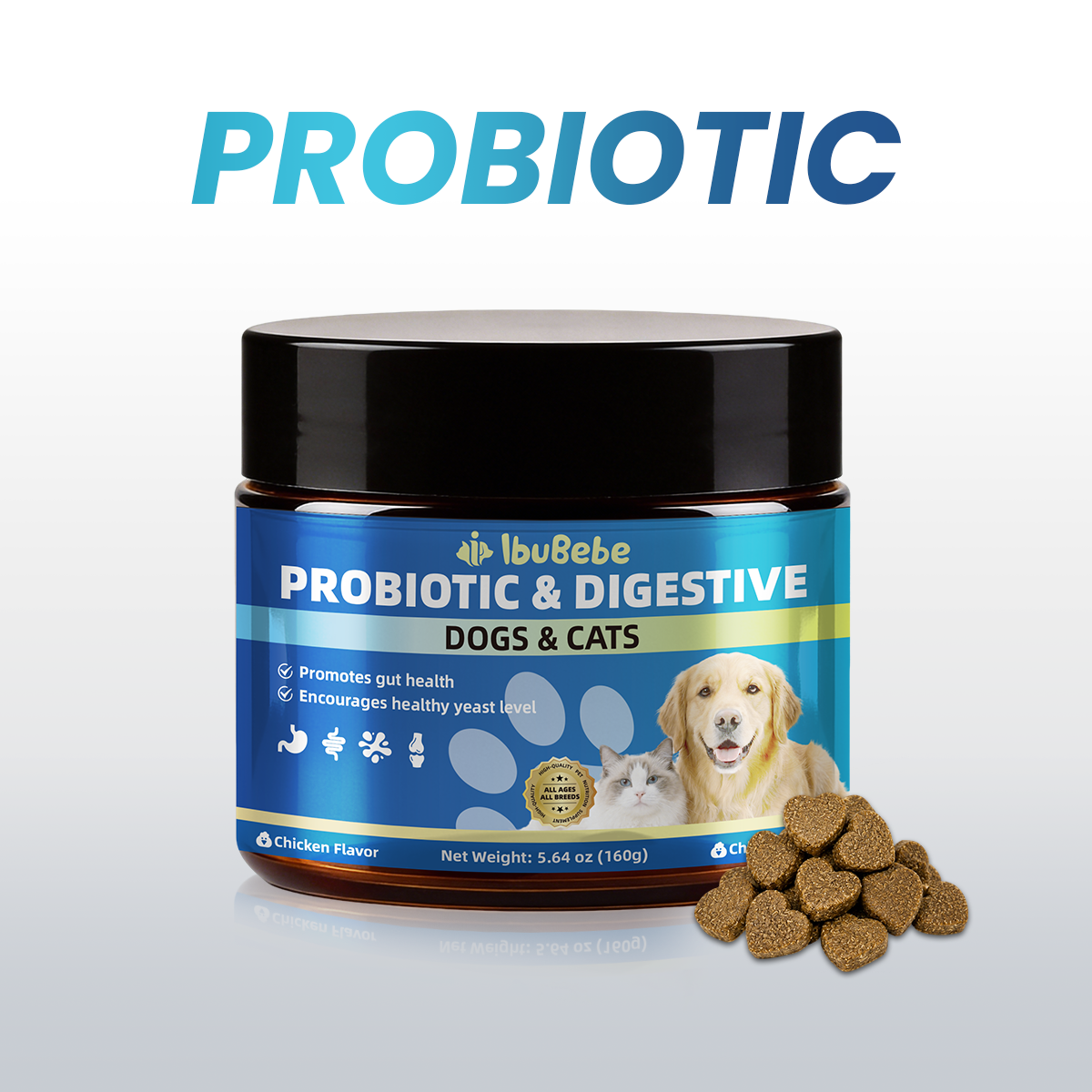 Probiotics for Dogs & Cats Soft Chews | Gut Health, Digestive Support & Healthy Yeast Balance Supplement, Chicken Flavor, 160g prebiotics